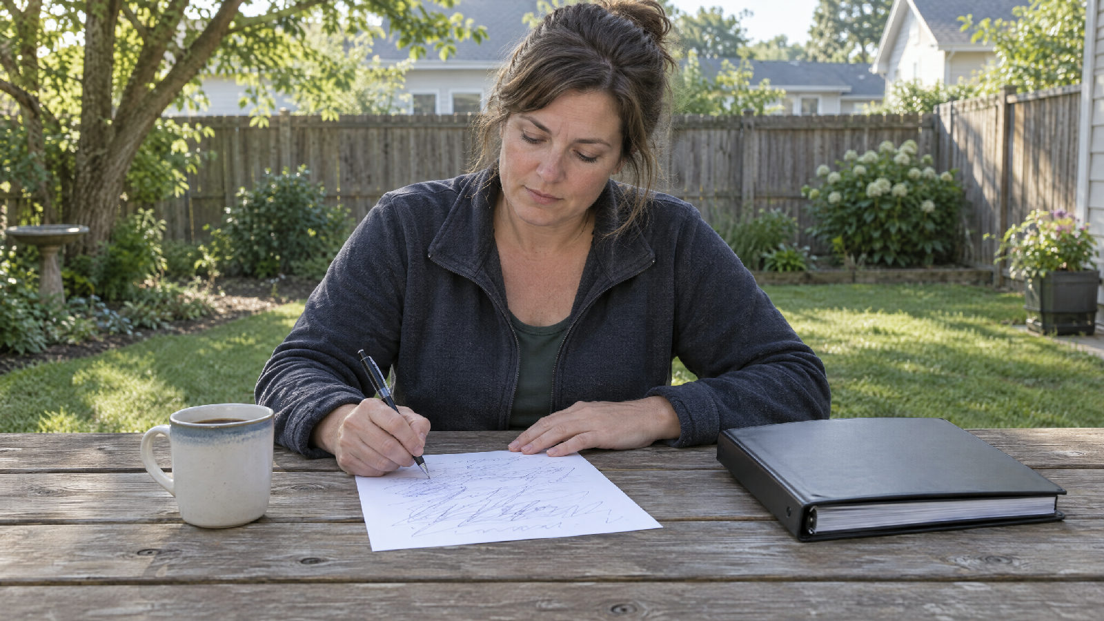 A board member at a backyard picnic table on a weekend morning writing on a single sheet of paper with loose illegible pen strokes, a mug of coffee and a closed binder beside her