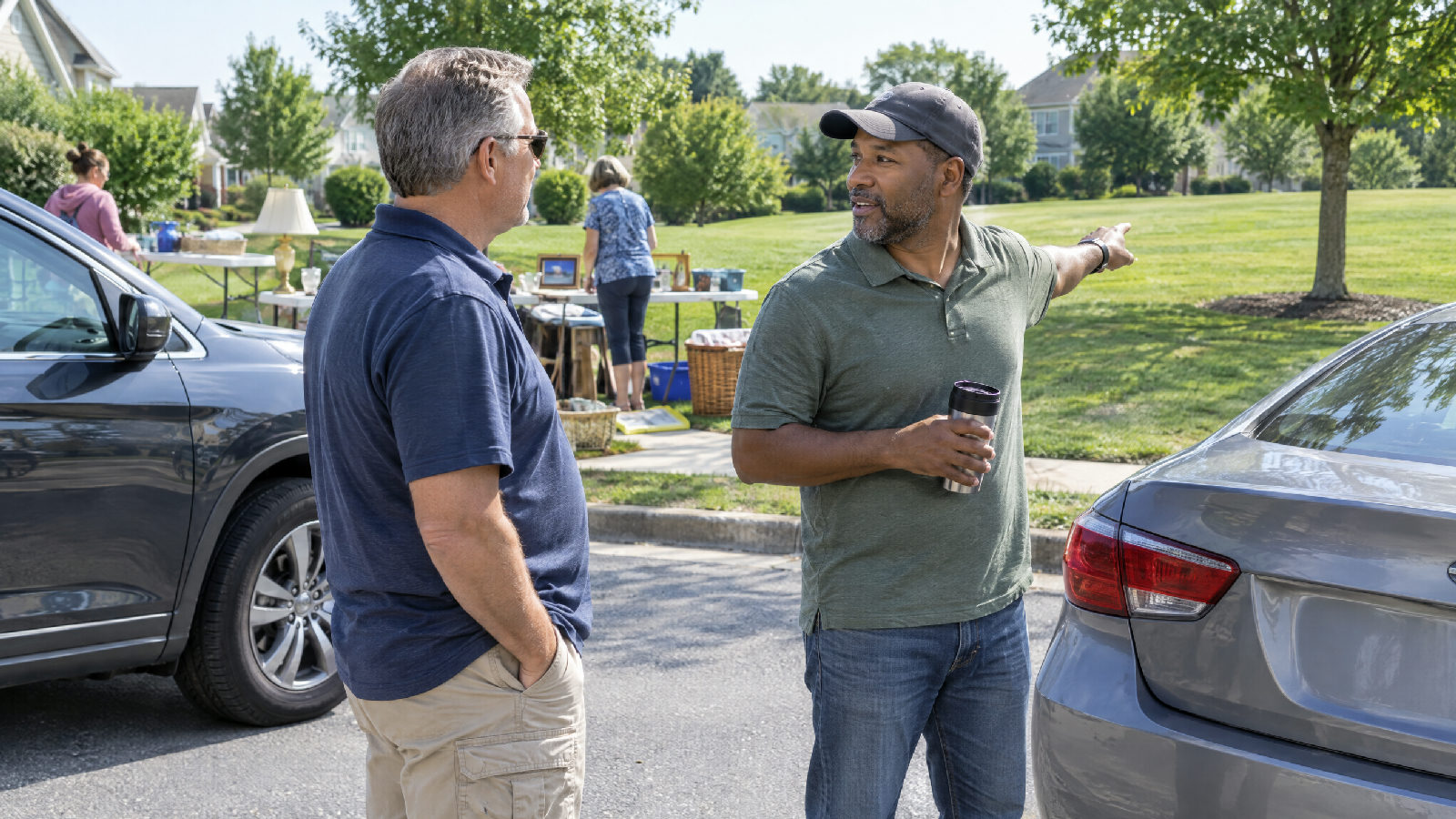 Two board members from neighboring subdivisions talking beside their parked cars after a Saturday morning community yard sale, one pointing back toward a freshly mown common area behind him