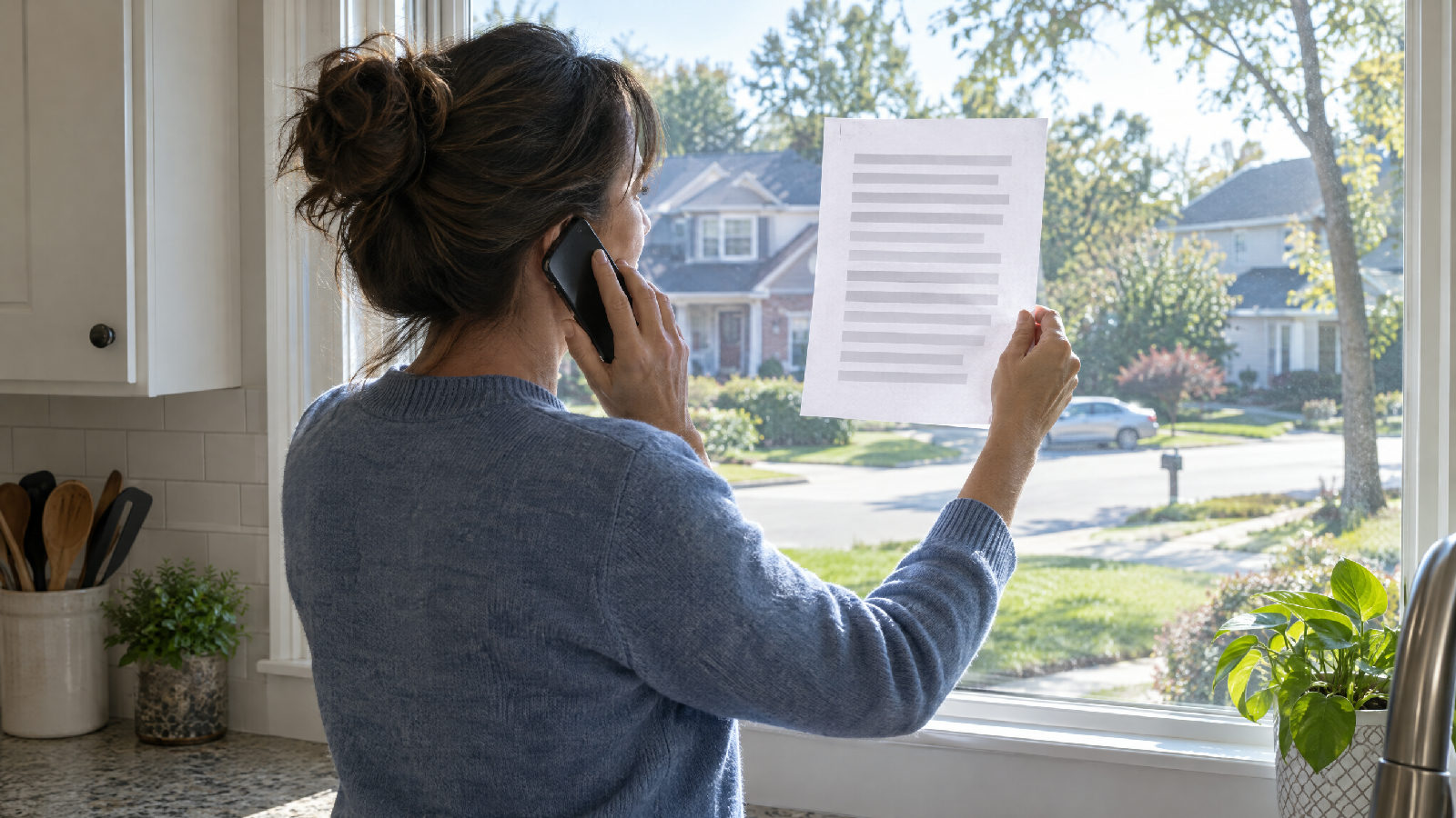 A board member standing at her kitchen window on a weekday morning, phone to her ear, holding a single stapled page up to the light with her other hand