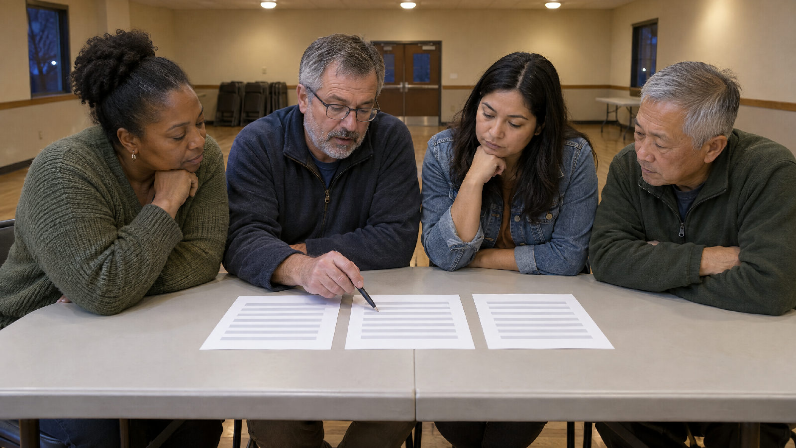 Four board members at a folding table in an empty clubhouse meeting room in the evening, three single sheets laid side by side, one director tapping the middle sheet with a pen while the others lean in