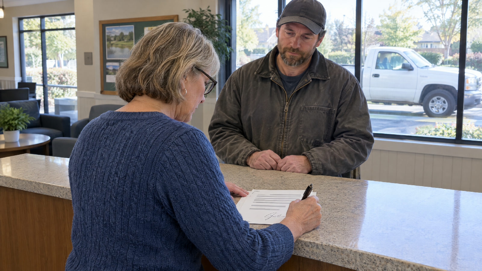 A board president at a community clubhouse counter in the morning signing the last page of a thin stapled contract while a contractor in a work jacket waits across the counter, his truck visible through the window behind