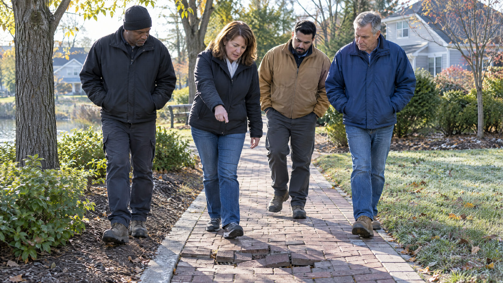 Three contractors in work jackets following a board member along a community walking path on a cool morning as she points at a sunken stretch of brick pavers