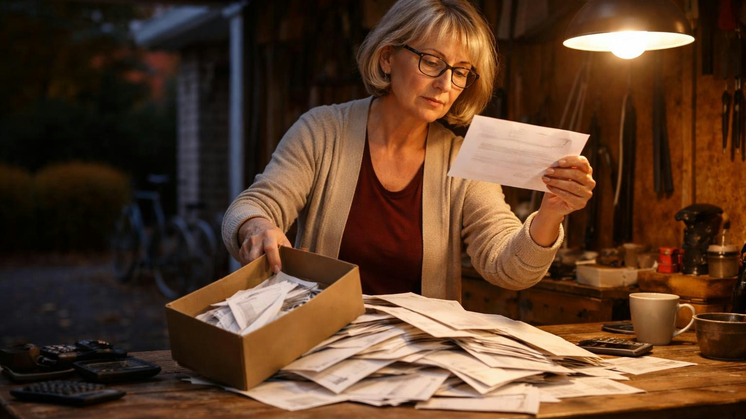 A board treasurer at a garage workbench on an autumn evening tipping a shoebox of paid bills out under a hanging work light, one envelope held up in her other hand