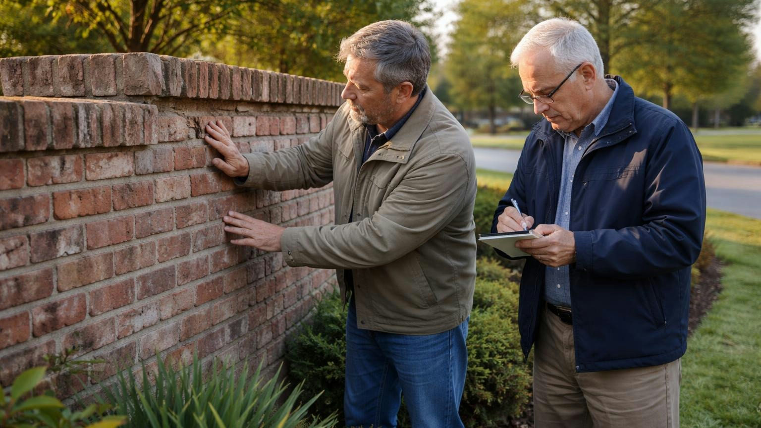 Two board members at a subdivision's worn brick entrance wall on a cool spring morning, one pressing a palm to a crumbling mortar joint while the other writes in a small notebook