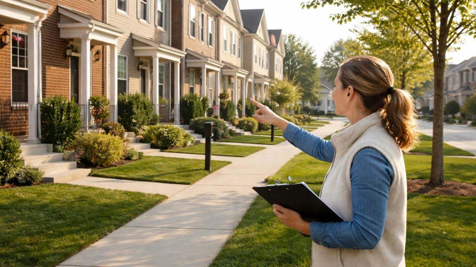 A row of townhomes along a curving suburban street on a bright Saturday morning, a board member on the sidewalk pointing at the front doors as she counts them