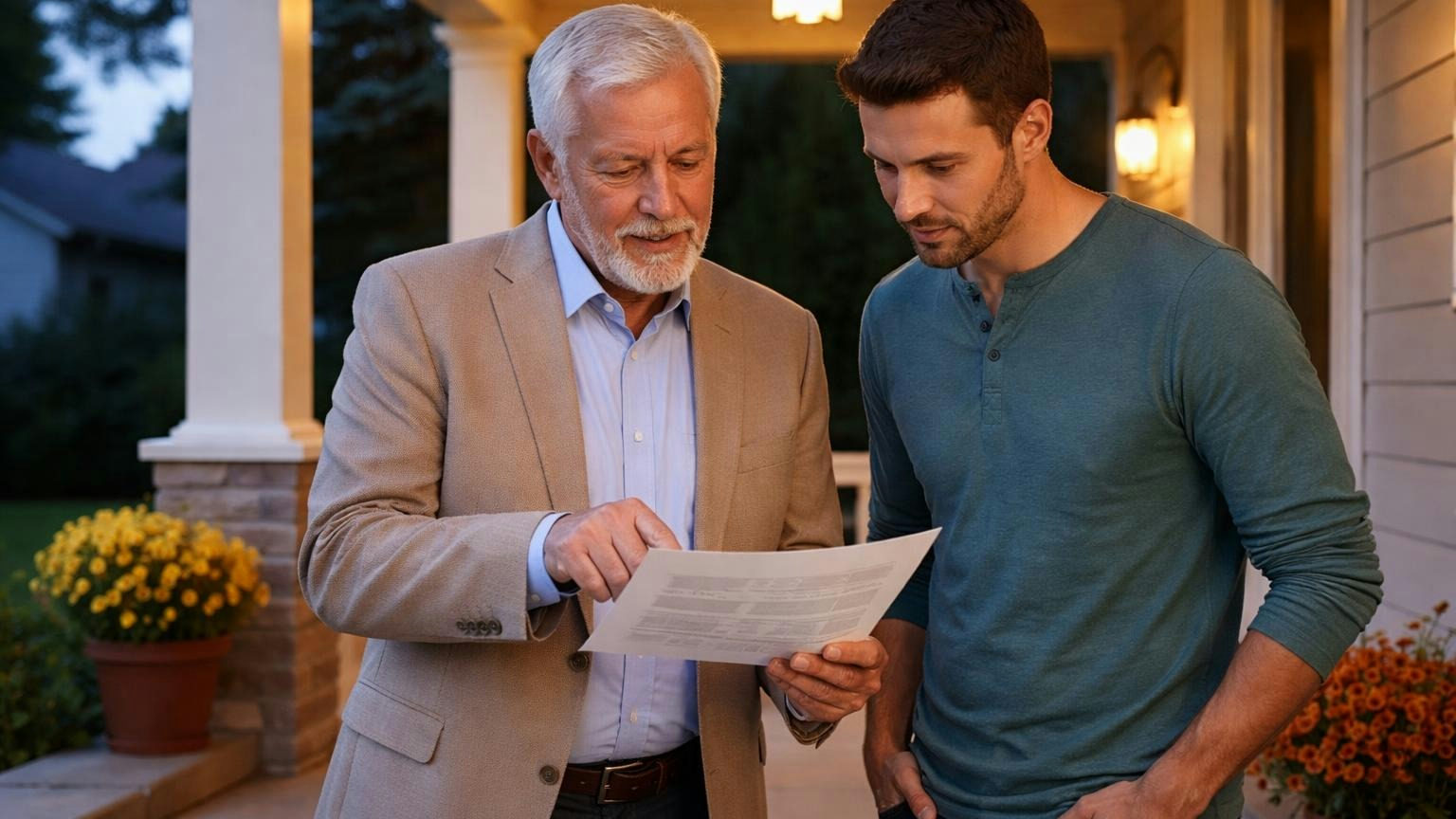 A board treasurer and a homeowner on the homeowner's front porch in the evening, the treasurer resting one finger on a single line of a printed page while the homeowner leans in to read