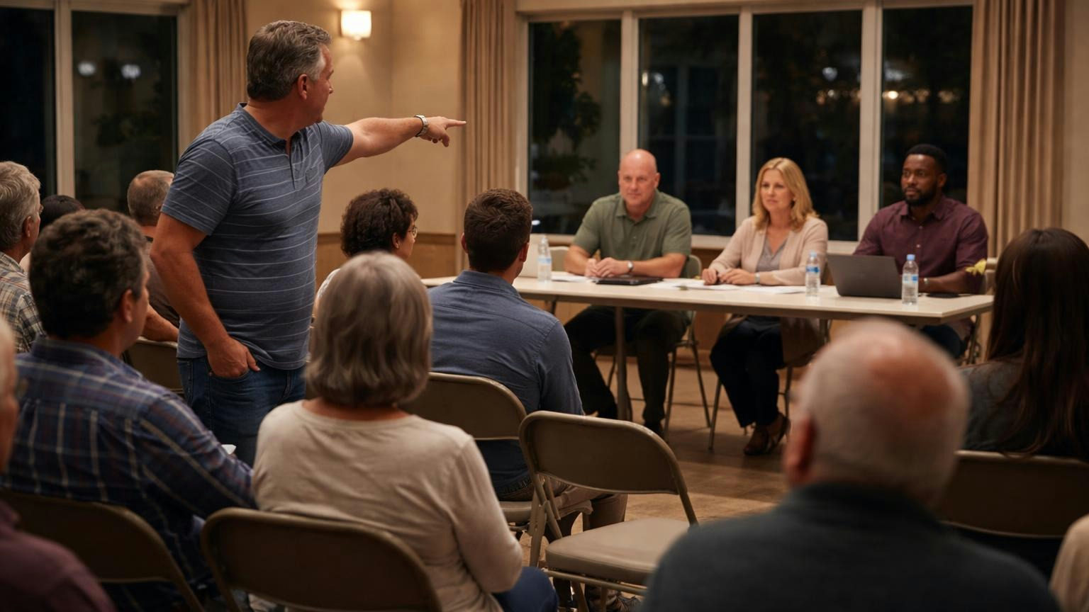 An owner standing up among the folding chairs at an evening HOA budget meeting, pointing as he asks a question while three board members at the front table look up
