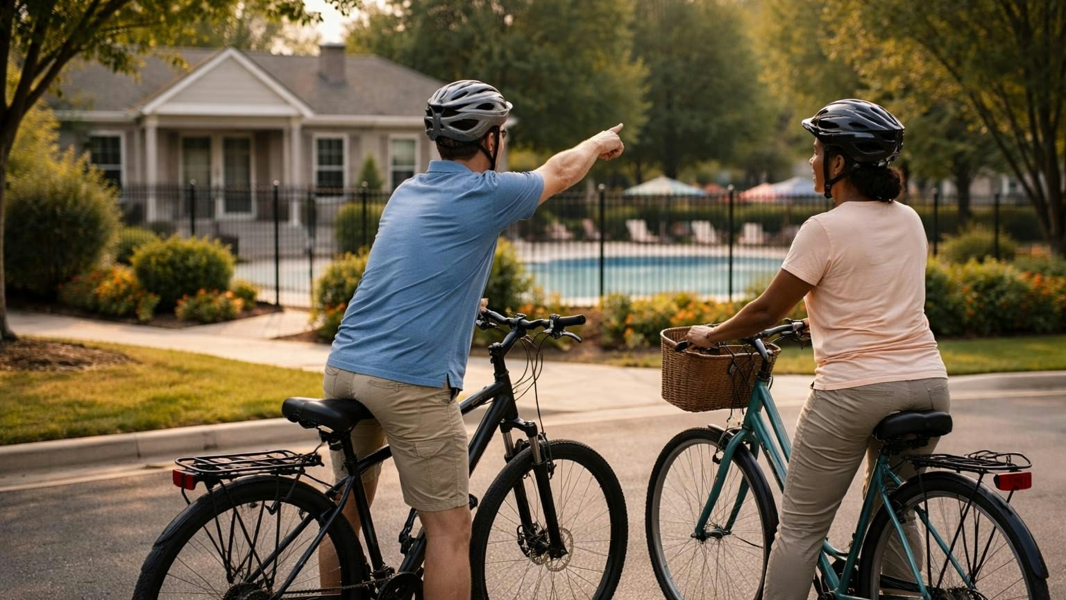 Two board members on bicycles stopped at the curb of another neighborhood on a quiet weekday morning, one pointing toward its small fenced pool and clubhouse