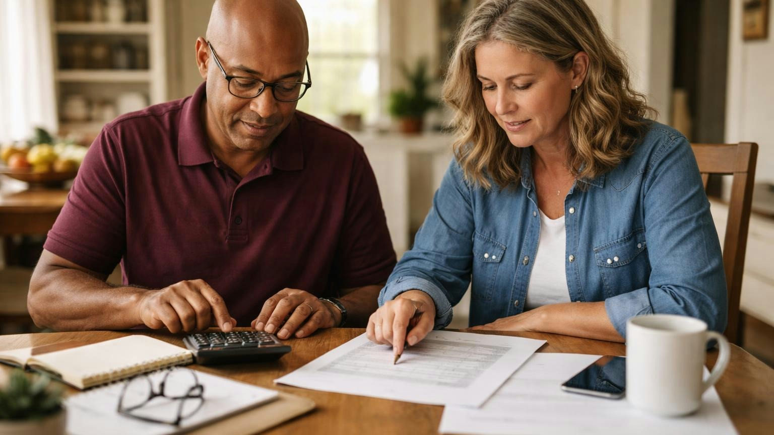 A board treasurer and a second board member side by side at a dining table, one tapping a calculator while the other points at a single printed sheet of soft grey rows