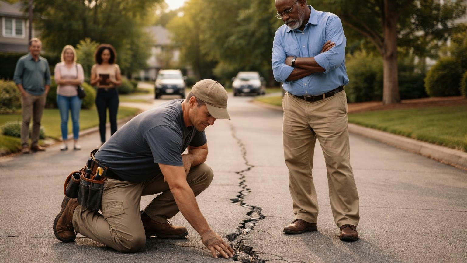 A contractor kneeling on a cracked private neighborhood road, pressing a hand into a wide split in the pavement while a board member stands beside him with arms folded