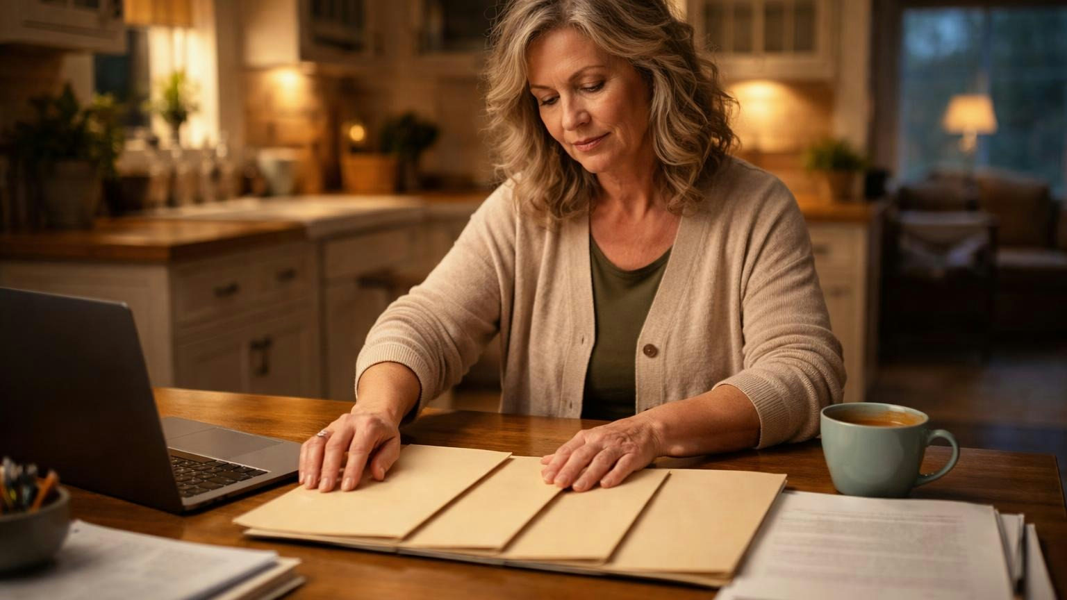 A treasurer at a kitchen table in the evening sorting five manila folders into a neat row beside a laptop, a mug of tea at her elbow