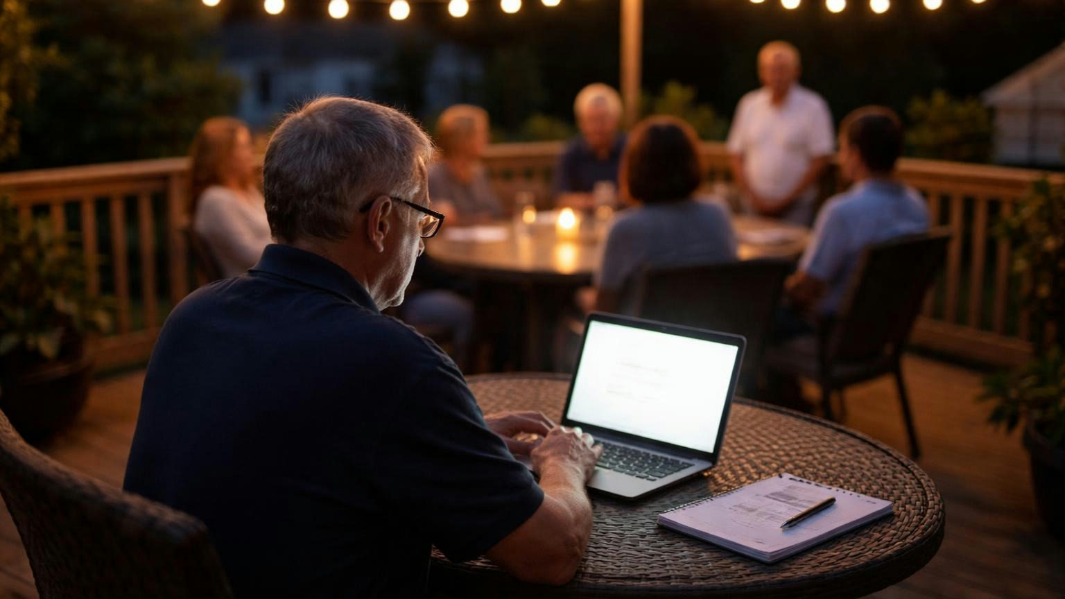 A board member on a back deck at night with a laptop on a patio table, string lights overhead and neighbors talking at a table behind him