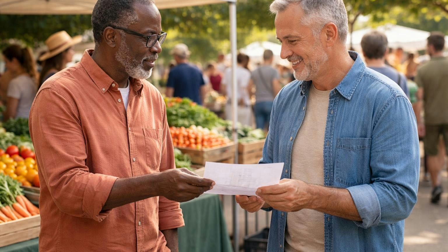 Two treasurers from neighboring communities at a Saturday morning farmers market, one handing the other a single folded sheet beside a produce stand