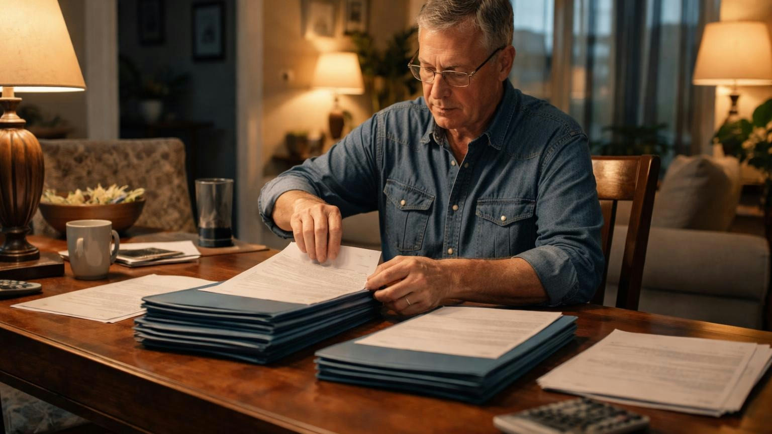 A board president at a dining room table at night, lamps on, slipping a single sheet into the front of each folder in a short stack of board packets