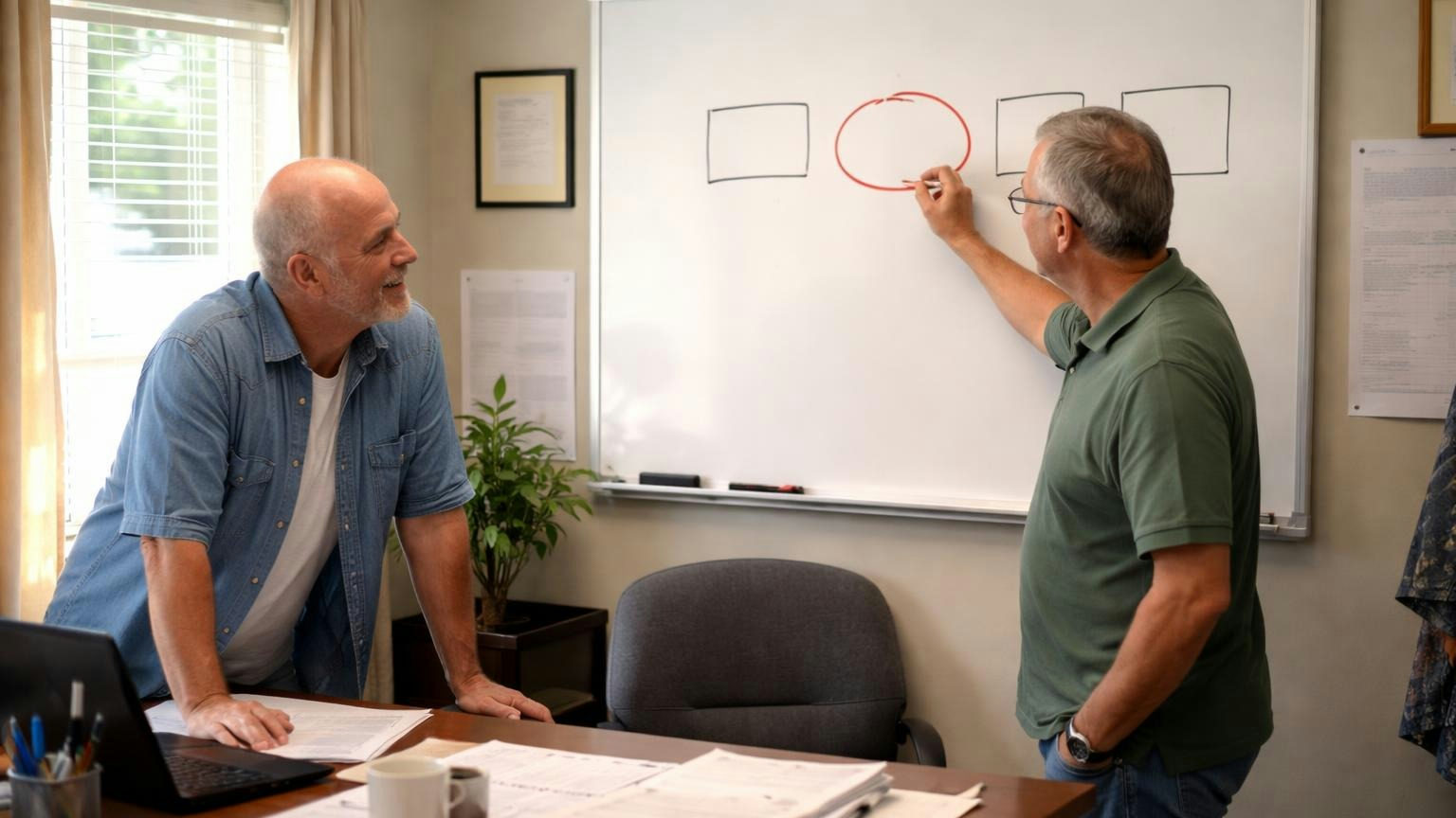 A board member at a whiteboard in a small clubhouse office circling one of four plain marker boxes while another board member leans on the desk, smiling