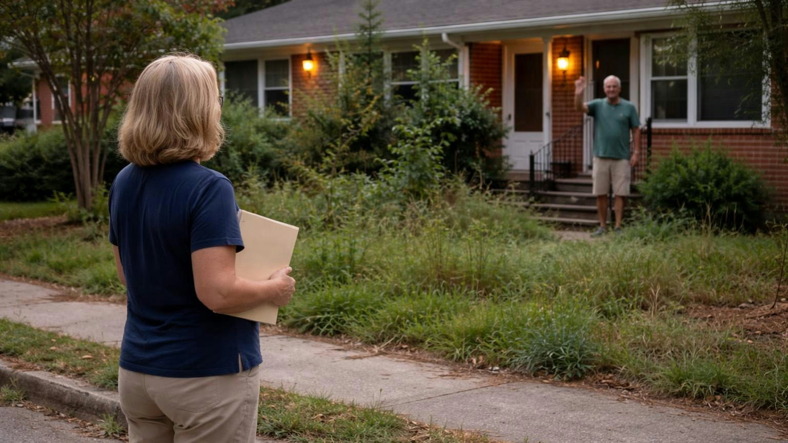 A board member on a quiet sidewalk on a weekday evening holding a folder, looking across at an overgrown front yard while the homeowner waves from his porch