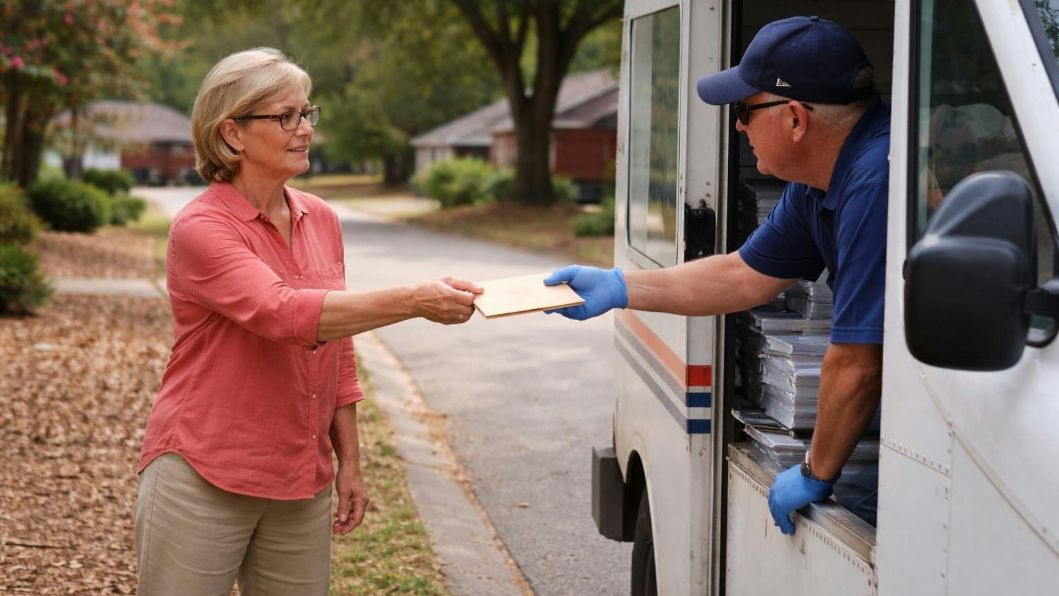 **Certified, where the law asks for it.** In Texas and Colorado, how the letter travels is part of the rule. A board member at the end of her driveway on a weekday morning handing a plain sealed envelope to a letter carrier leaning from an unmarked mail truck, no readable text, no logos