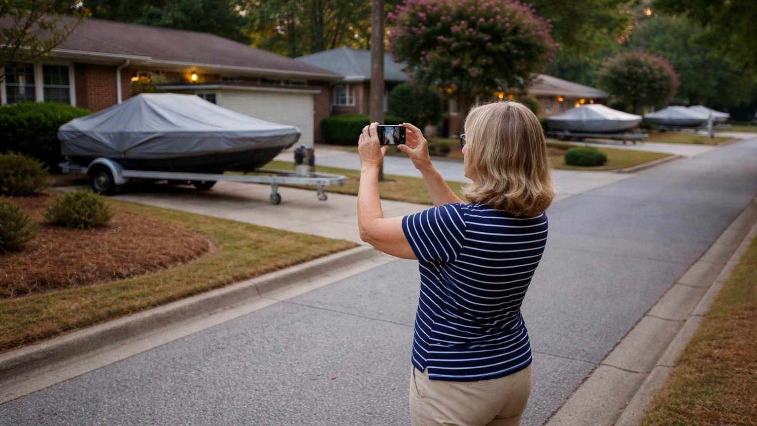 **Same rule, every address.** The log is what proves the board looked at all three driveways, not just one. A board member on a sidewalk on a weekday evening photographing a boat trailer parked in a driveway with her phone, a blank clipboard tucked under her arm, two more driveways with trailers visible down the street, no readable text