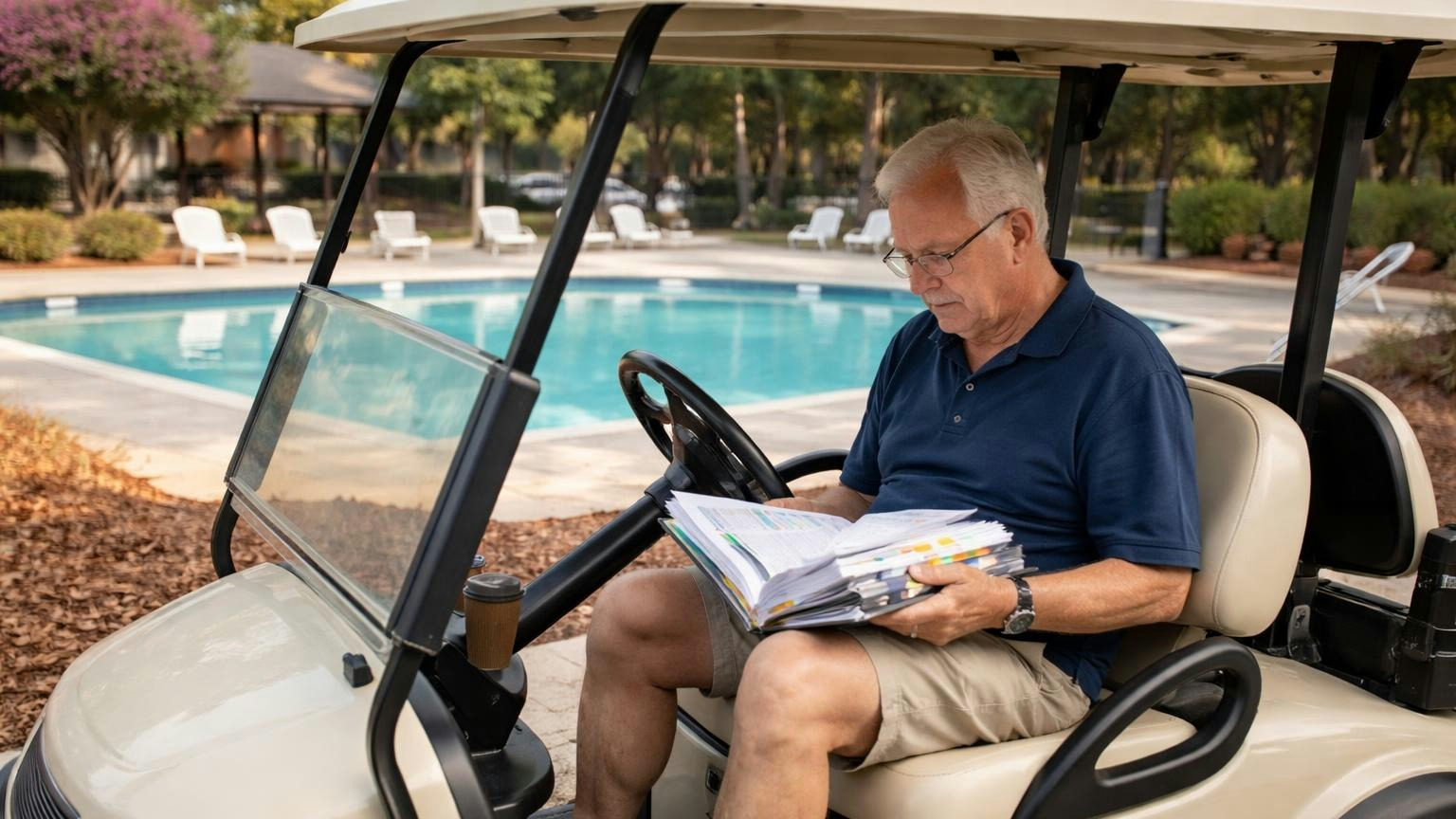 **Find the power first.** The right to fine has to be written somewhere before a board can use it. A board member sitting in a parked golf cart beside the community pool on a quiet weekday morning, reading a thick bound document bristling with colored tabs, no readable text