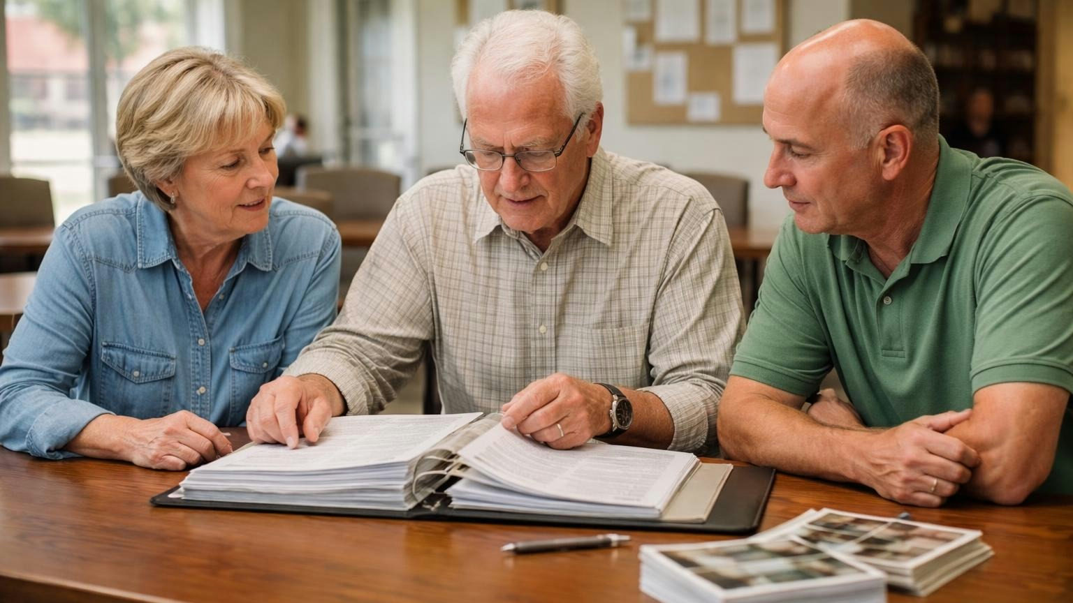 **The year in one file.** A log that shows the same steps for every owner is the board's proof of fairness. Three board members at a clubhouse table at year end, one turning the pages of a thick binder log while the others nod, a short stack of photos squared beside it, no readable text
