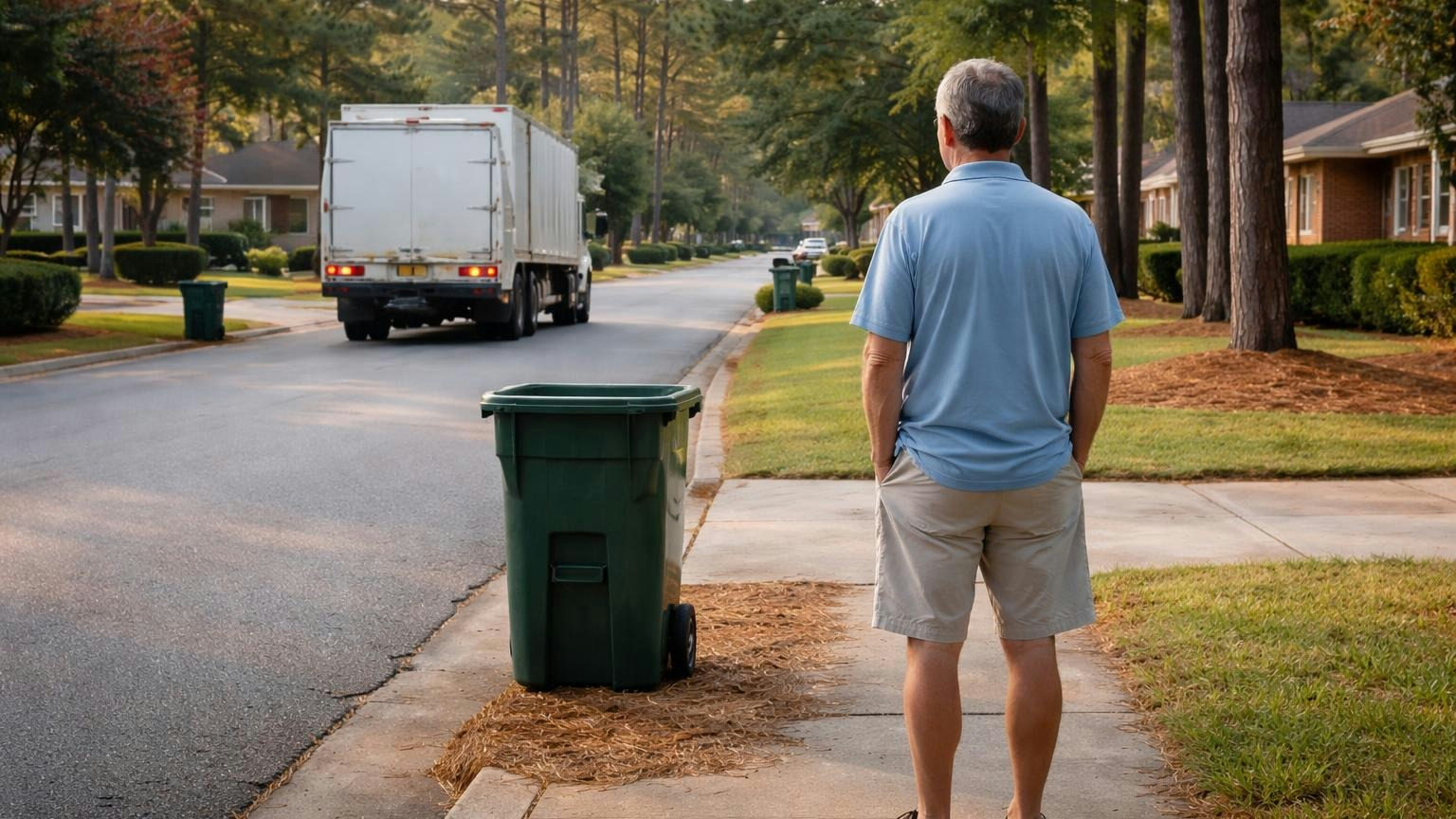 **The morning after pickup.** In Florida, this can no longer draw a fine, whatever the documents say. A board member standing at the end of a suburban driveway early on a weekday morning, looking at a single trash can left at the curb while a plain unmarked white garbage truck pulls away down the street, no readable text, no logos, neighbors' cans already wheeled back up their driveways
