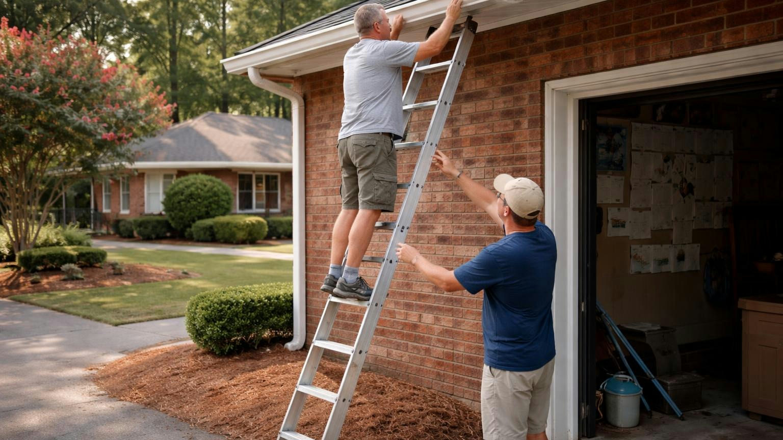 **The fix is the goal.** Once it is cured, the fines stop, and the letter says so. A homeowner on a step ladder in late afternoon rehanging a straightened gutter section on his garage, a neighbor on the driveway below steadying the ladder and pointing up at the fix