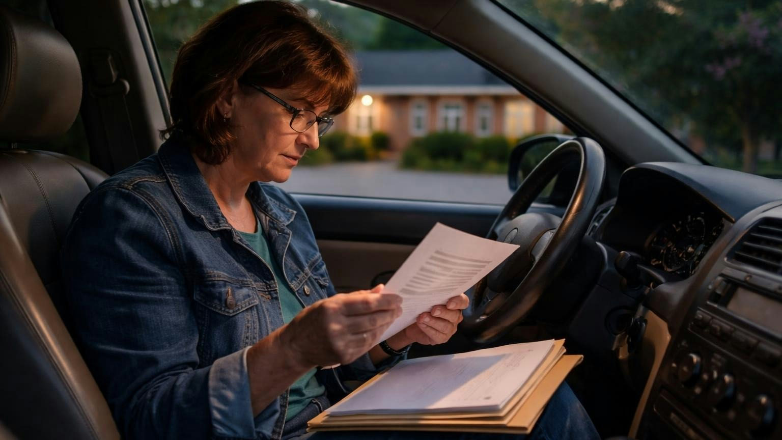 **On the clock.** In Florida the written decision goes out within 7 days, and the pay date is at least 30 days after that. A hearing committee member in her parked car outside the clubhouse at dusk, reading a single page of soft grey bars against the steering wheel before sliding it into a folder, no readable text