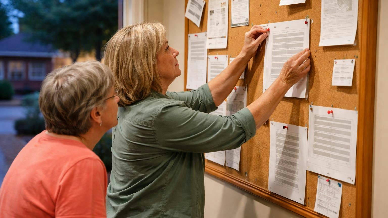 **The price, in advance.** A fine schedule every owner received is the board's best answer to the charge that the number was invented. A board member at a clubhouse bulletin board on a weeknight pinning up a single sheet of soft grey bars while a neighbor reads over her shoulder, no readable text
