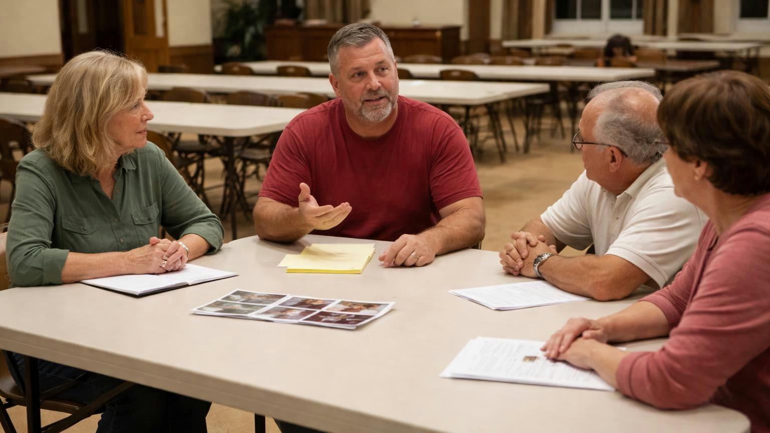**Neighbors, not directors.** In Florida, the board that proposes the fine is not the group that confirms it. A homeowner seated at a long table in a church fellowship hall on a weeknight, speaking with an open hand to three neighbors on a hearing committee who listen with pens down, a short stack of photos on the table between them