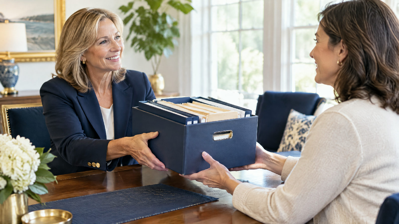A board member handing a neat box of records to a neighbor