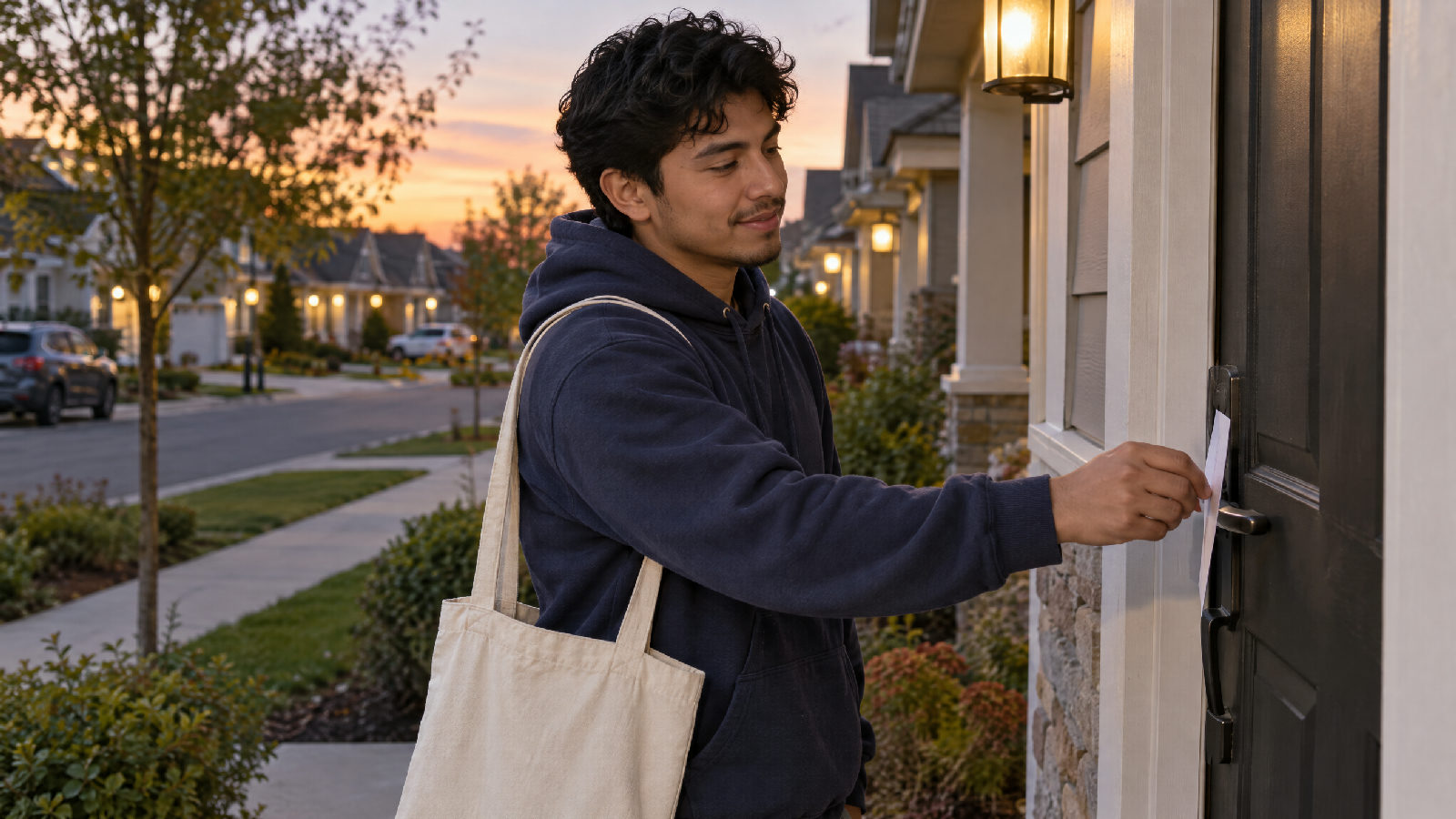A board member hanging a notice card on a neighbour's front door handle at dusk