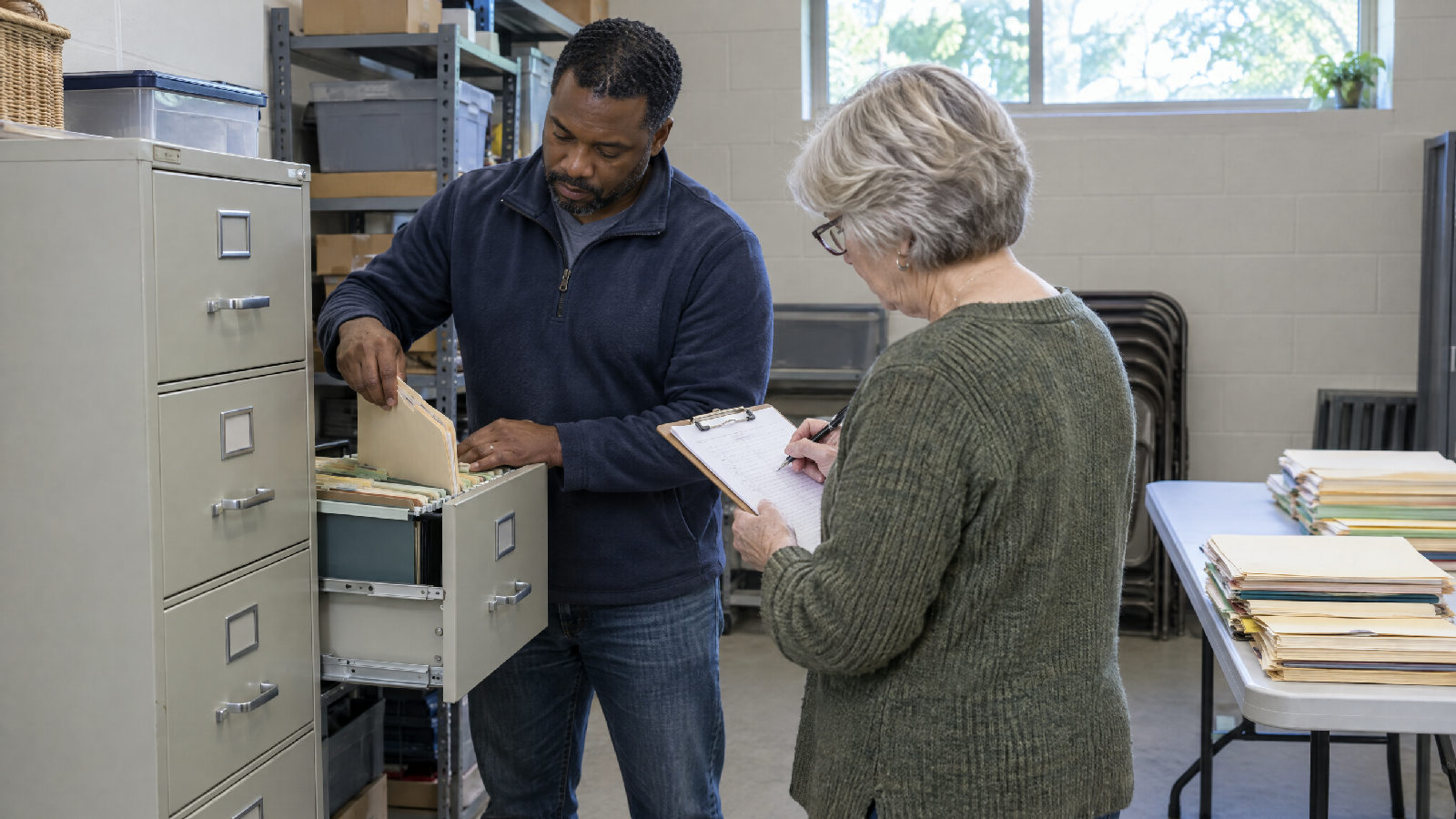 Two board members at an open filing cabinet in a clubhouse, one pulling folders while the other checks a list
