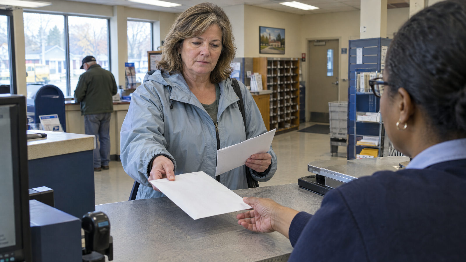 A board member handing an envelope across a post office counter to a clerk