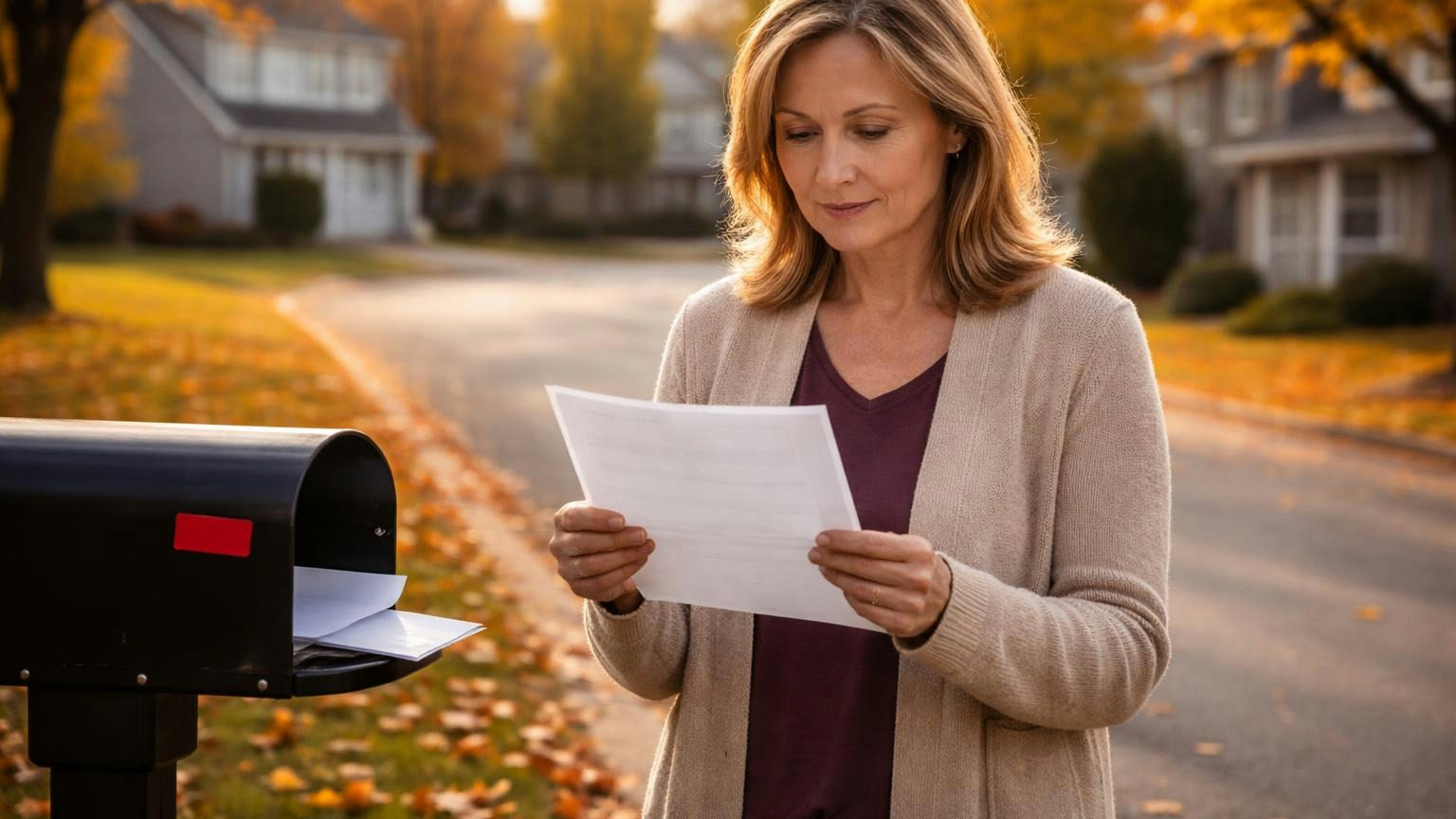 A homeowner standing at a curbside mailbox on an autumn afternoon, reading one plain printed page, an opened envelope in her other hand, a quiet street of homes behind her