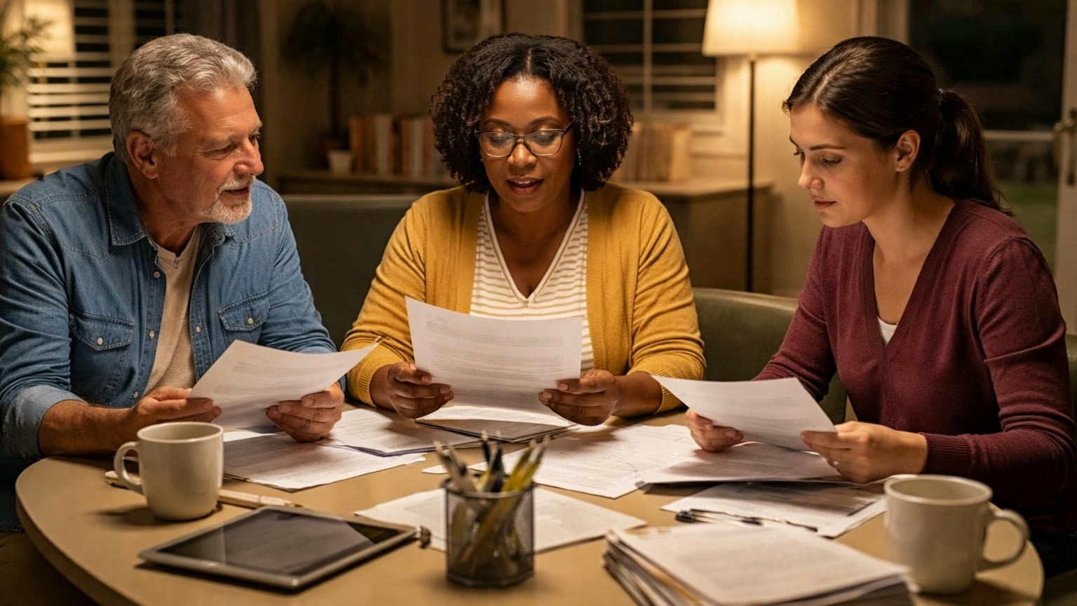 Three board members around a small clubhouse office table on a weeknight, one reading a single page aloud while the other two listen and follow along on their own copies