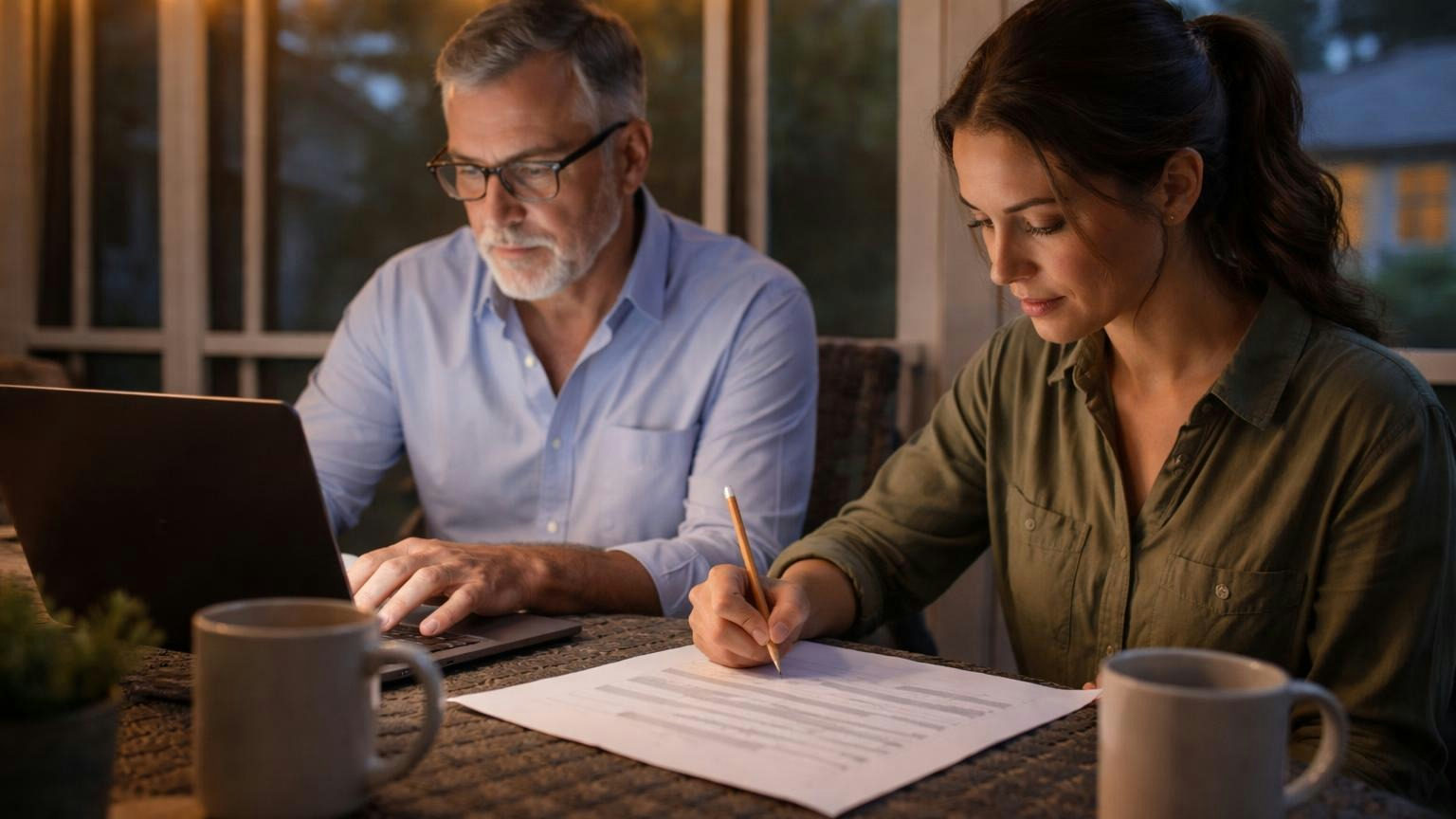 Two board members on a screened back porch at dusk, one working at a laptop while the other pencils a short line beside a printed column of soft grey bars