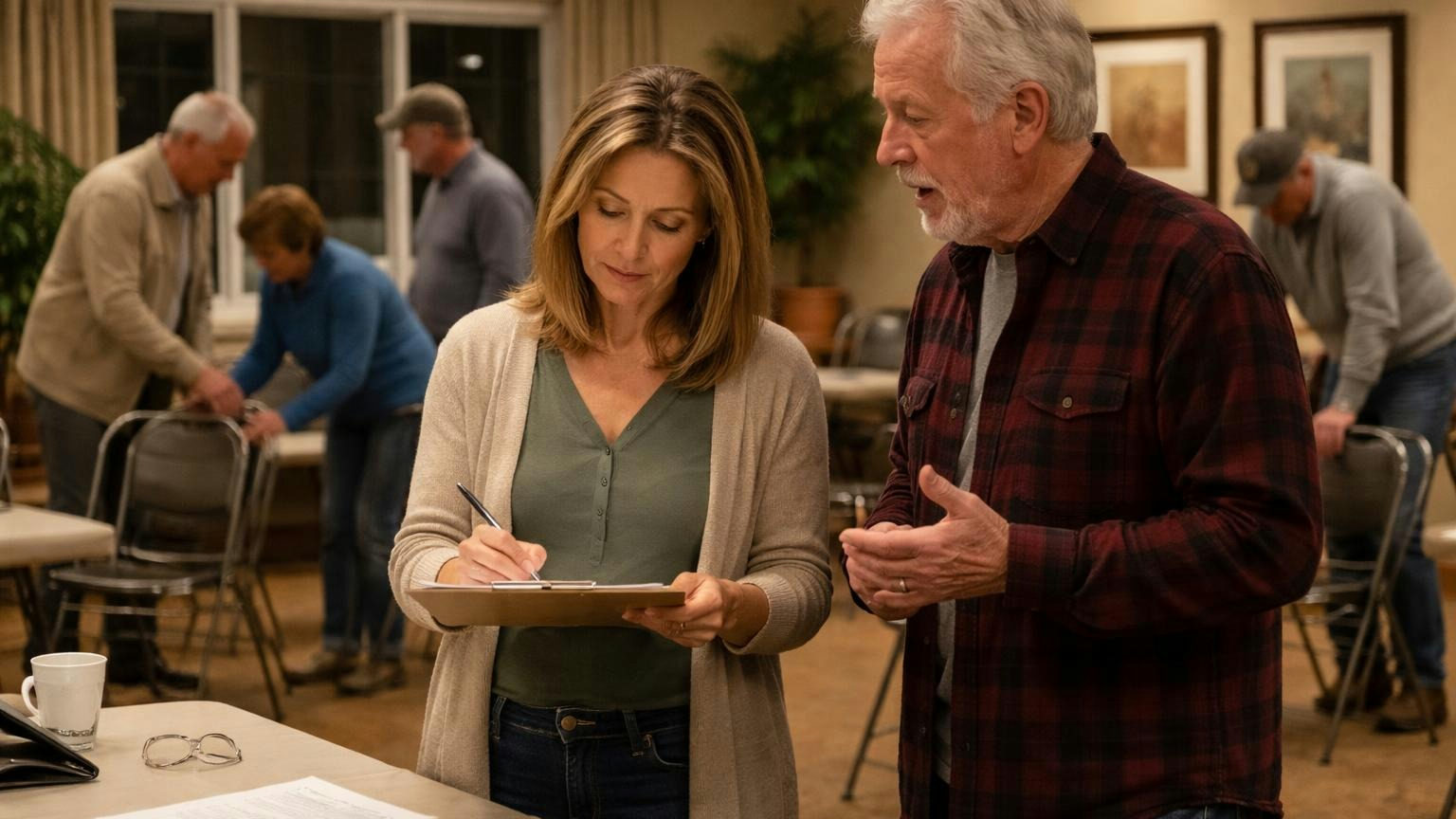 A board member at the end of an evening meeting writing on a clipboard as an older homeowner stands beside her and speaks, folding chairs being stacked behind them
