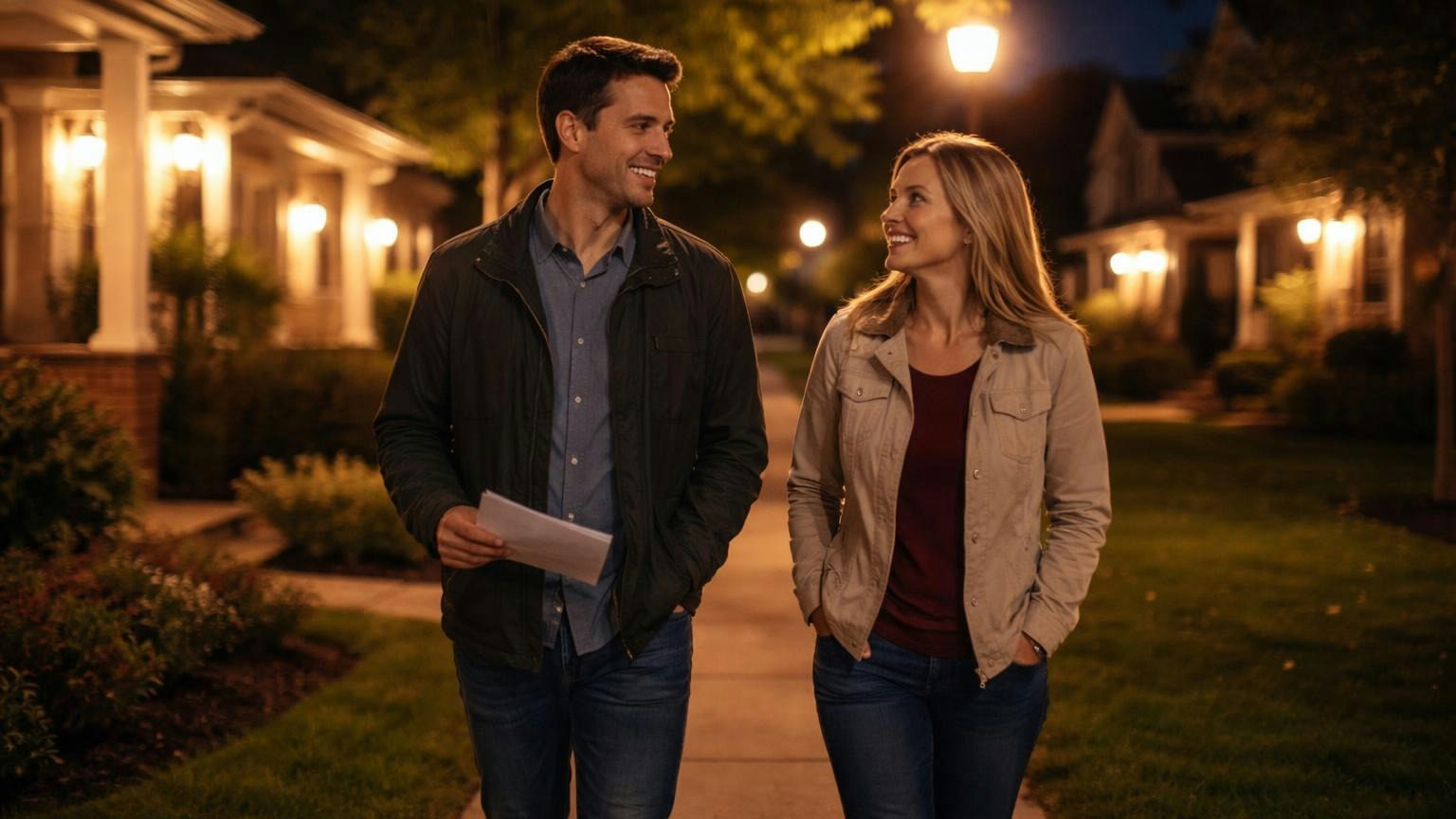 Two neighbours walking home together under streetlights after an evening meeting, one holding a folded sheet of paper as they talk