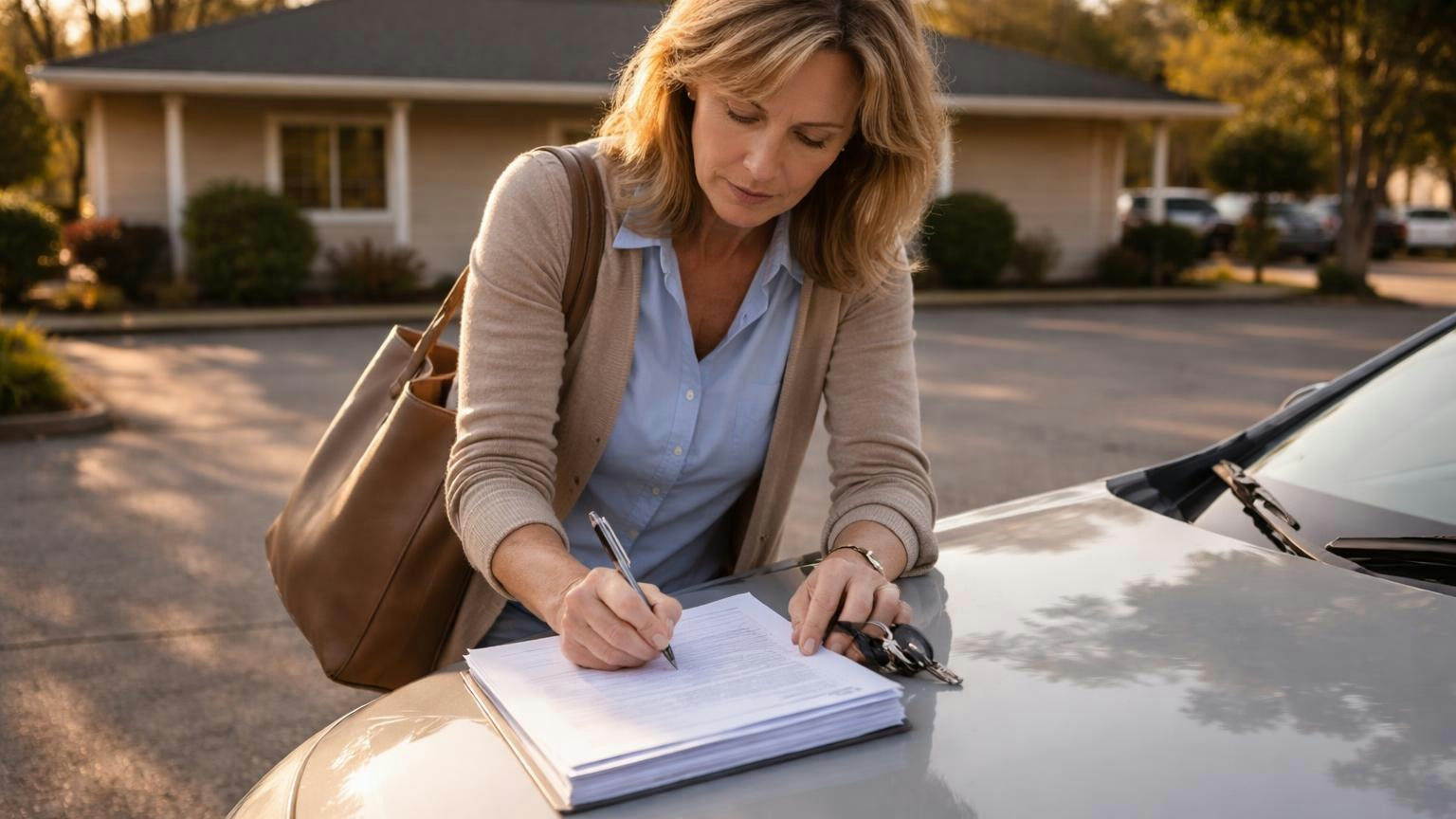 A board treasurer in a clubhouse parking lot signing the last page of a thick packet pressed flat on the hood of her car, keys still in her hand