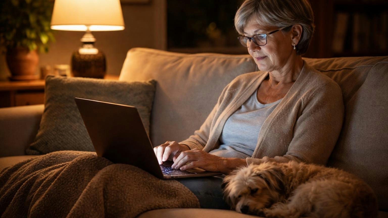 **Tell the owners what changed.** A short notice now is the best defense against a surprised owner after a storm. A board secretary on a living-room sofa at night pressing send on a laptop turned away from the camera, a dog asleep against her leg