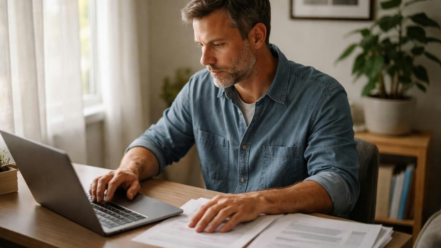 **Five pages, one table.** The declarations pages, copied into one table, are the renewal's first page. A board member at a spare-room desk on a Sunday afternoon typing into a laptop turned away from the camera, one hand holding a single sheet flat beside it