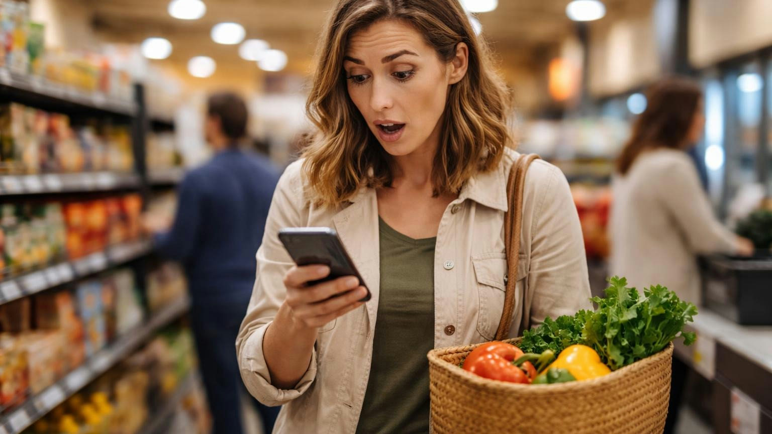 **Find the peak.** The fidelity limit should cover the most money the association ever holds. A board treasurer in a grocery store aisle looking at her phone with eyebrows raised, the screen turned away, a shopping basket on her arm