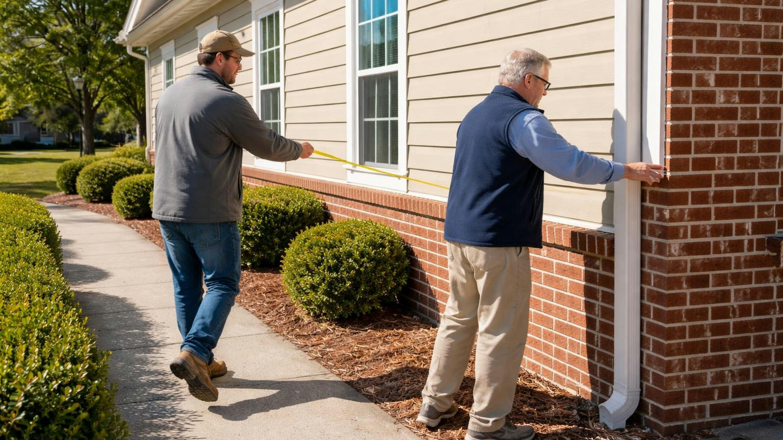 **What would it cost to rebuild?** The reserve study and a contractor's eye give the board a real number. A contractor running a long tape measure along the outside wall of a community clubhouse on a bright morning while a board member holds the other end at the corner