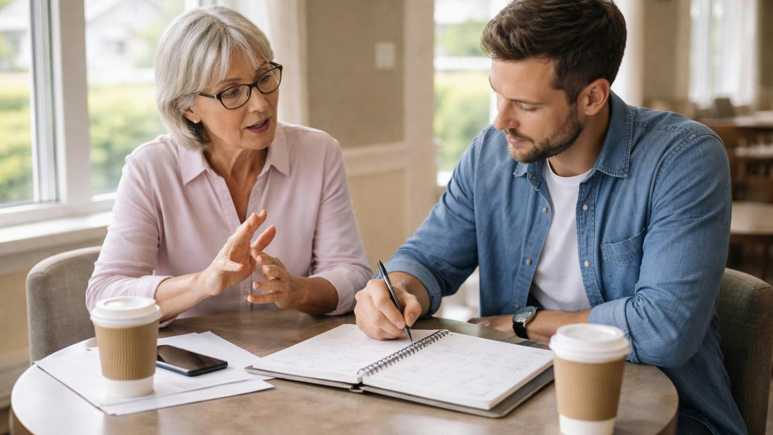 **Count back from the expiration date.** Ninety days gives a volunteer board time to read, shop and vote. Two board members at a clubhouse corner table on a Saturday morning, one counting back on her fingers while the other writes in an open desk planner, coffee between them