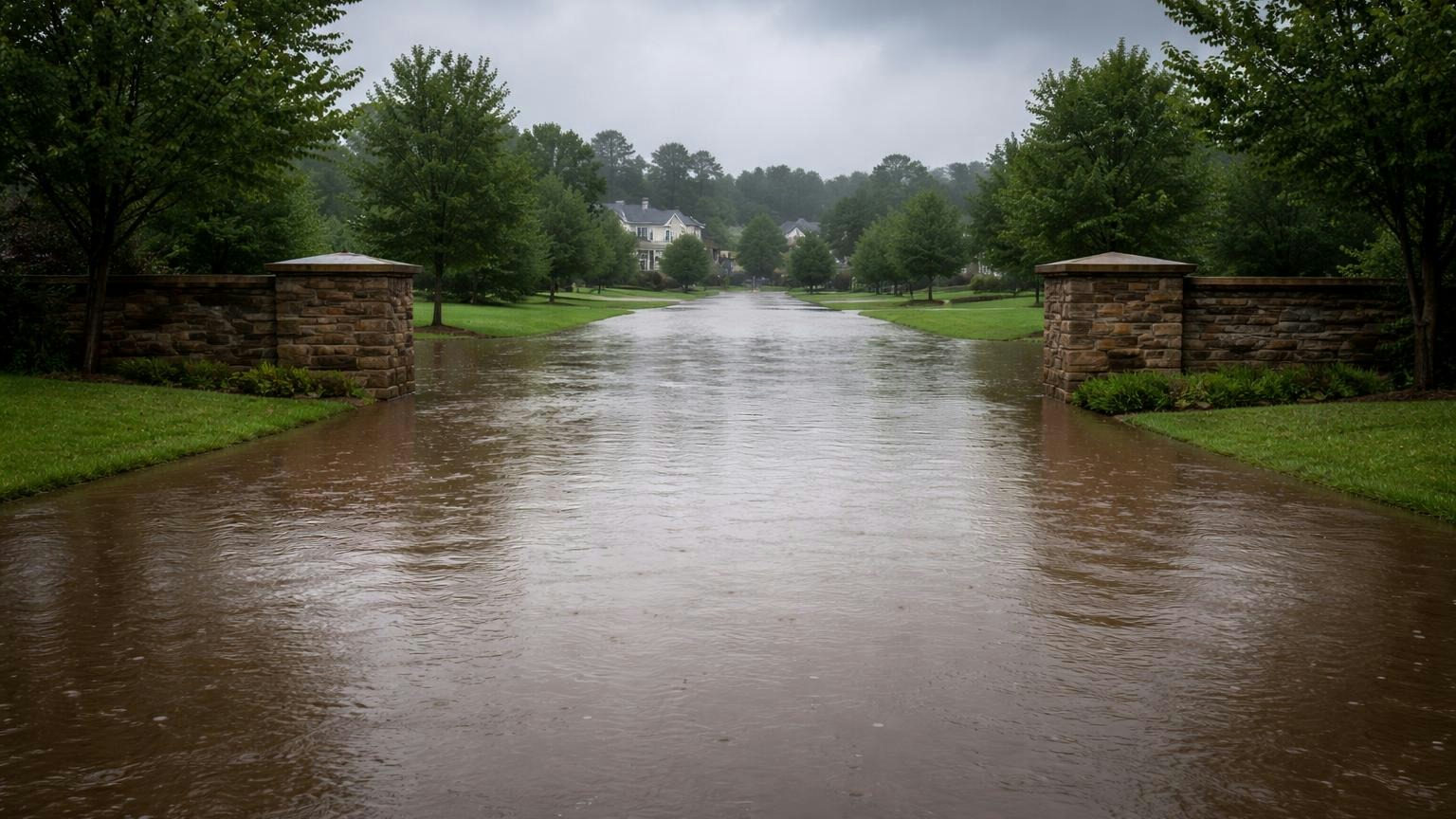 **Ask whether flood is in the package.** Most homeowners, renters and business policies leave it out, and a new federal policy usually waits 30 days. A low stretch of a community entrance road after heavy rain, standing water reaching the base of a plain stone entrance wall, grey sky and wet grass