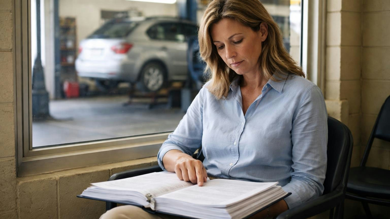 **The insurance article.** The declaration often names the policies and the limits before any statute does. A board president in a car repair shop waiting room, a thick bound document open on her lap and a finger holding her place, a car in the service bay through the window