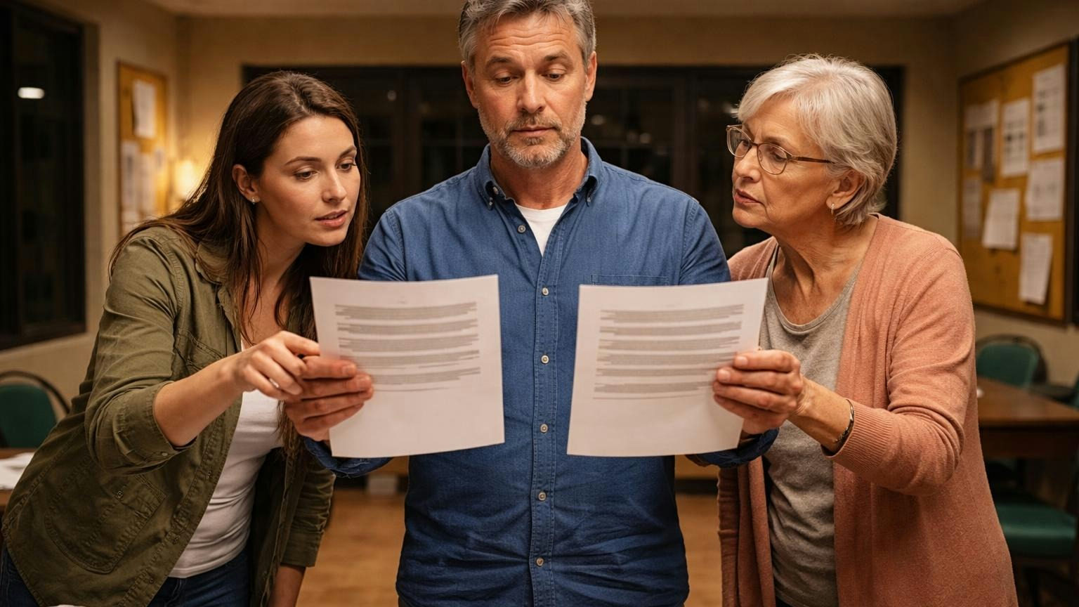 **One sheet, then the vote.** Cheaper only counts when the limits, deductibles and exclusions match. Three board members standing in a clubhouse lobby in the evening, one holding a quote in each hand at arm's length like a pair of scales, the other two leaning in