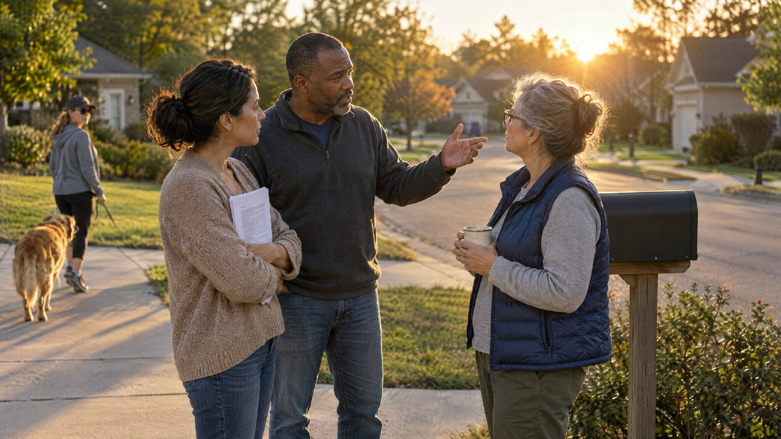 Three neighbors who serve on their HOA board talking at the end of a suburban driveway at sunset, one holding a stapled bid, a dog walker passing on the sidewalk