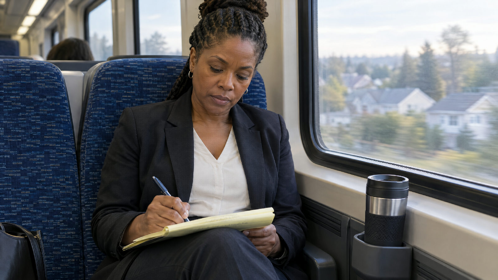 A board president on a morning commuter train writing a short list on a yellow legal pad balanced on her knee, a travel mug in the seat holder