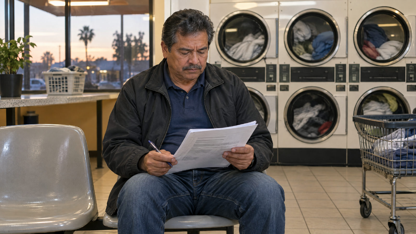 A board member in a laundromat waiting chair in the early evening reading a stapled packet of pages, a pen in hand, dryers tumbling behind him